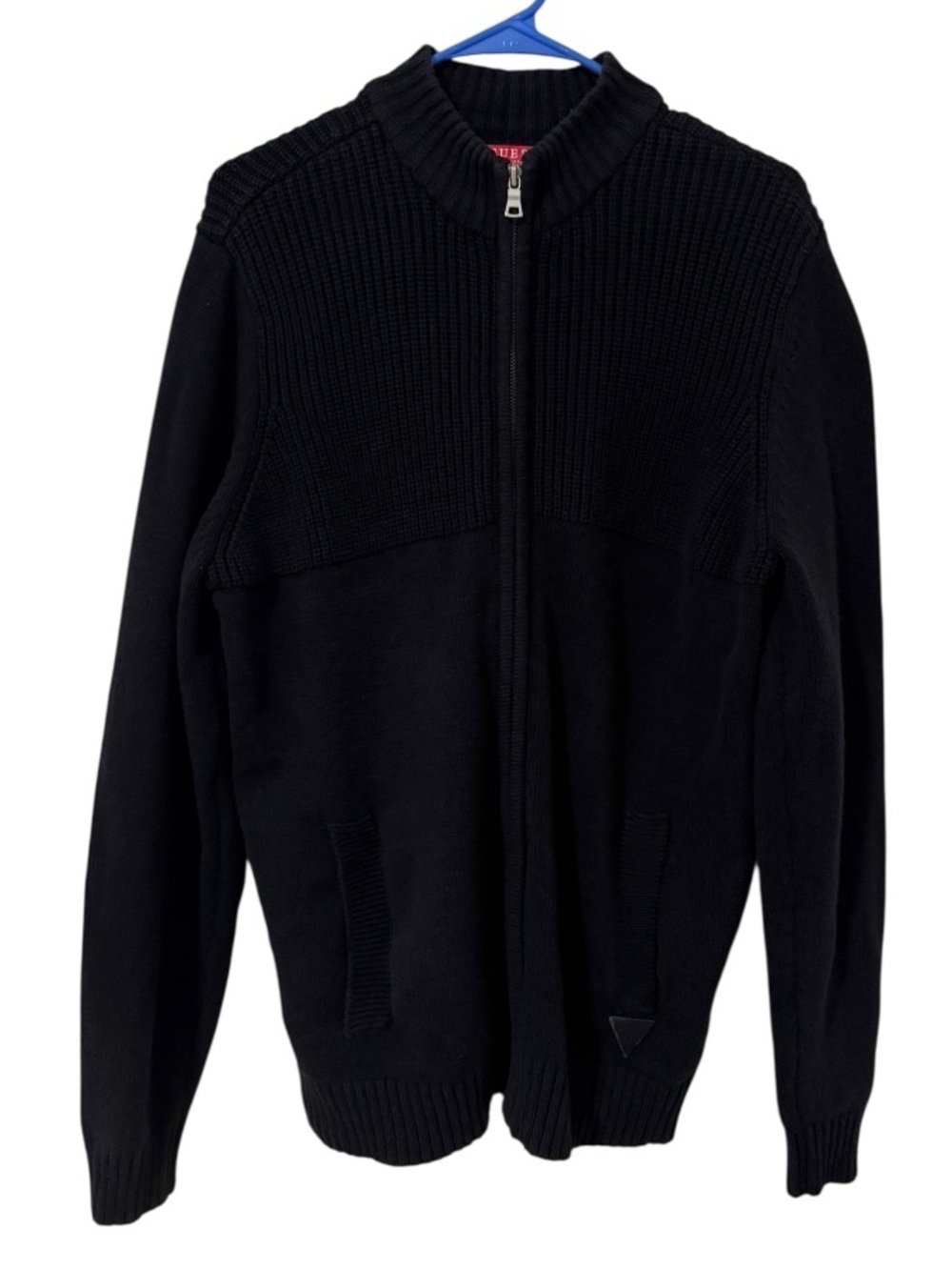 Guess Los Angeles Black Full Zip Knit Sweater Jacket XL Cotton Blend Mock Neck